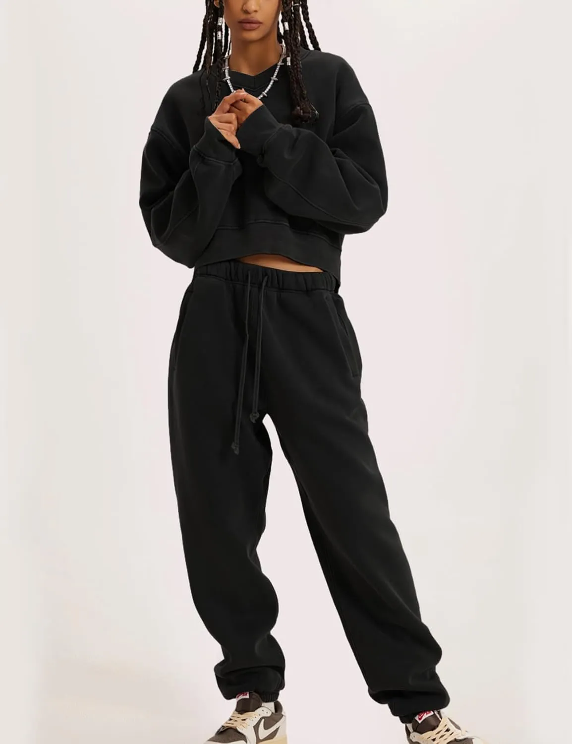 Kissonic Sweat Sets for Women 2 Piece Long Sleeve V Neck Pullover Drawstring Sweatpants Tracksuits Jogger Set
