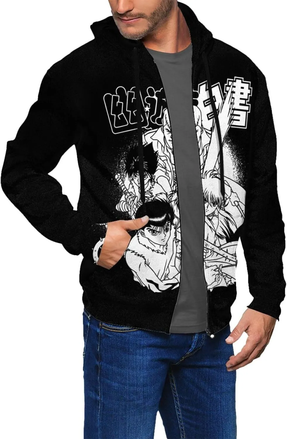 Koury Anime Yu Yu Hakusho Mens Hoodie Fashion Full Zip Hooded Long Sleeve Sweatshirt
