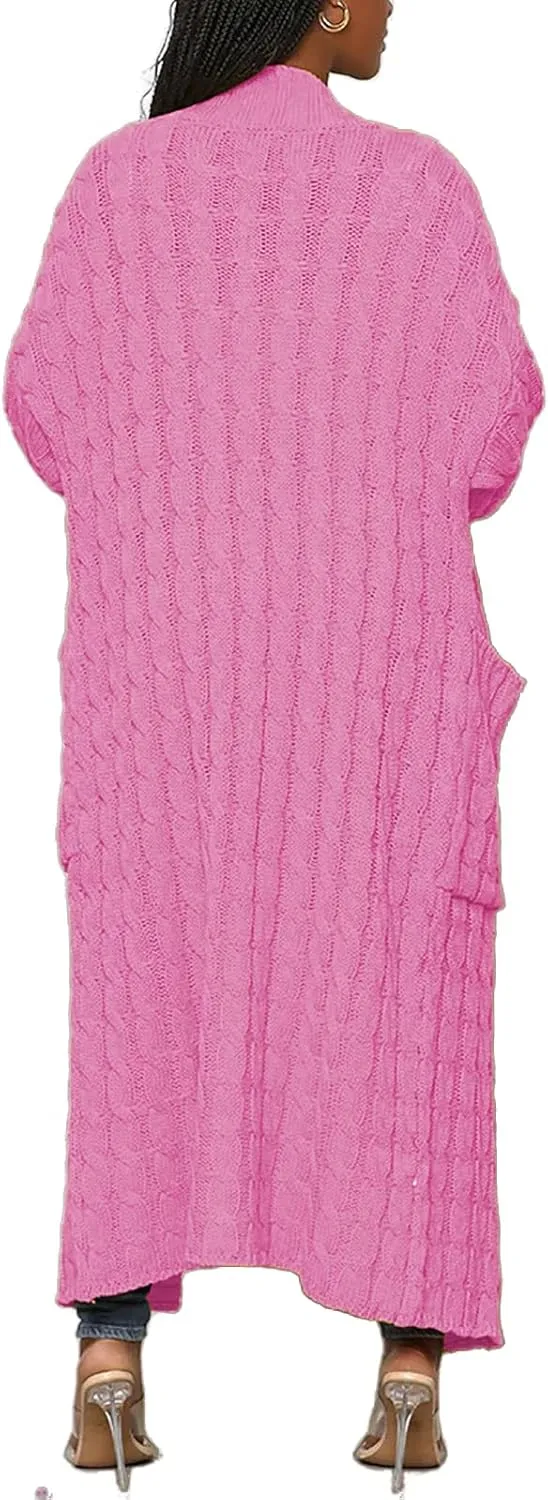 LAJIOJIO Long Cardigan Sweaters for Women Open Front Chunky Waffle Cable Knit Shawl Collar Pockets Knitwear Coat Plus Size