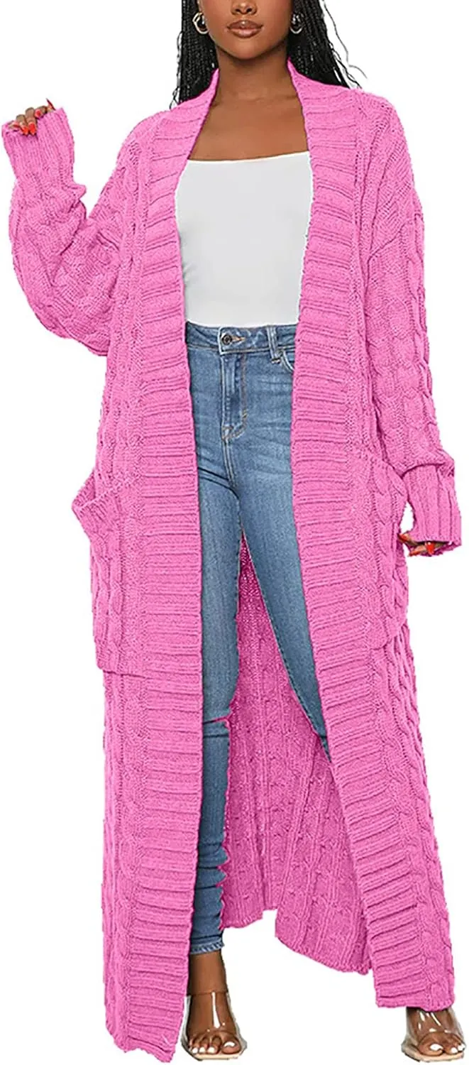 LAJIOJIO Long Cardigan Sweaters for Women Open Front Chunky Waffle Cable Knit Shawl Collar Pockets Knitwear Coat Plus Size