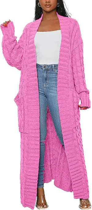 LAJIOJIO Long Cardigan Sweaters for Women Open Front Chunky Waffle Cable Knit Shawl Collar Pockets Knitwear Coat Plus Size