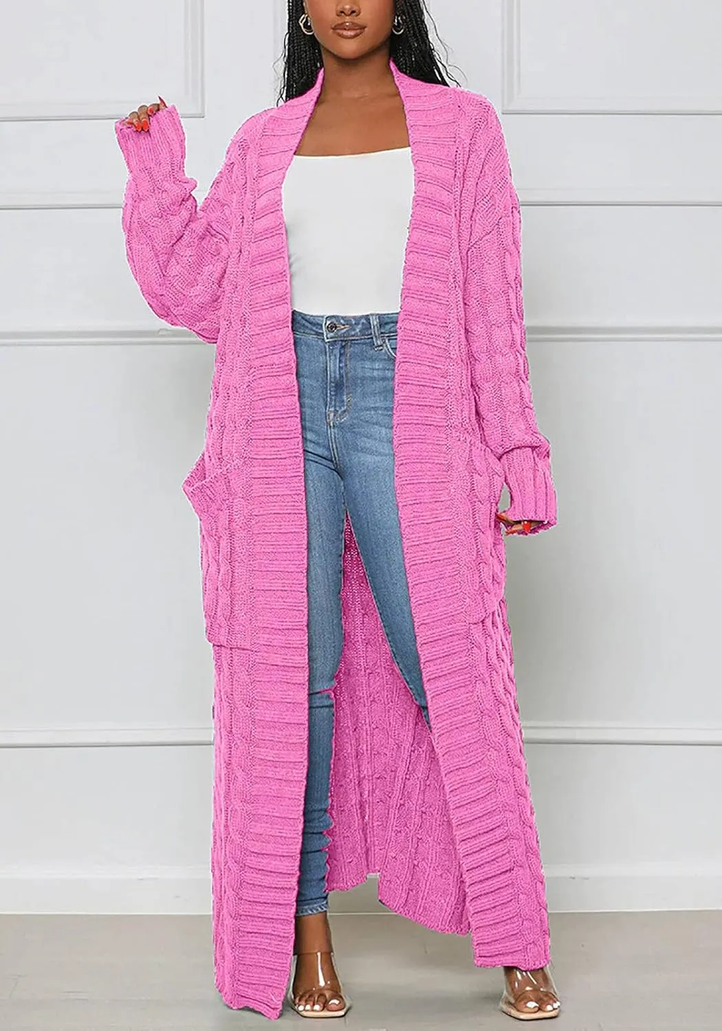 LAJIOJIO Long Cardigan Sweaters for Women Open Front Chunky Waffle Cable Knit Shawl Collar Pockets Knitwear Coat Plus Size