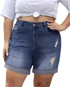 LALAGEN Women Plus Size Jean Shorts Stretchy High Waisted Distressed Ripped Denim Shorts Trendy Summer Casual Jorts