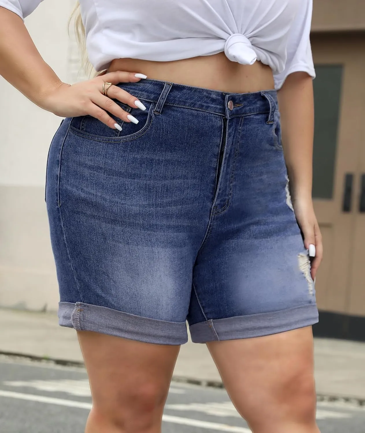 LALAGEN Women Plus Size Jean Shorts Stretchy High Waisted Distressed Ripped Denim Shorts Trendy Summer Casual Jorts