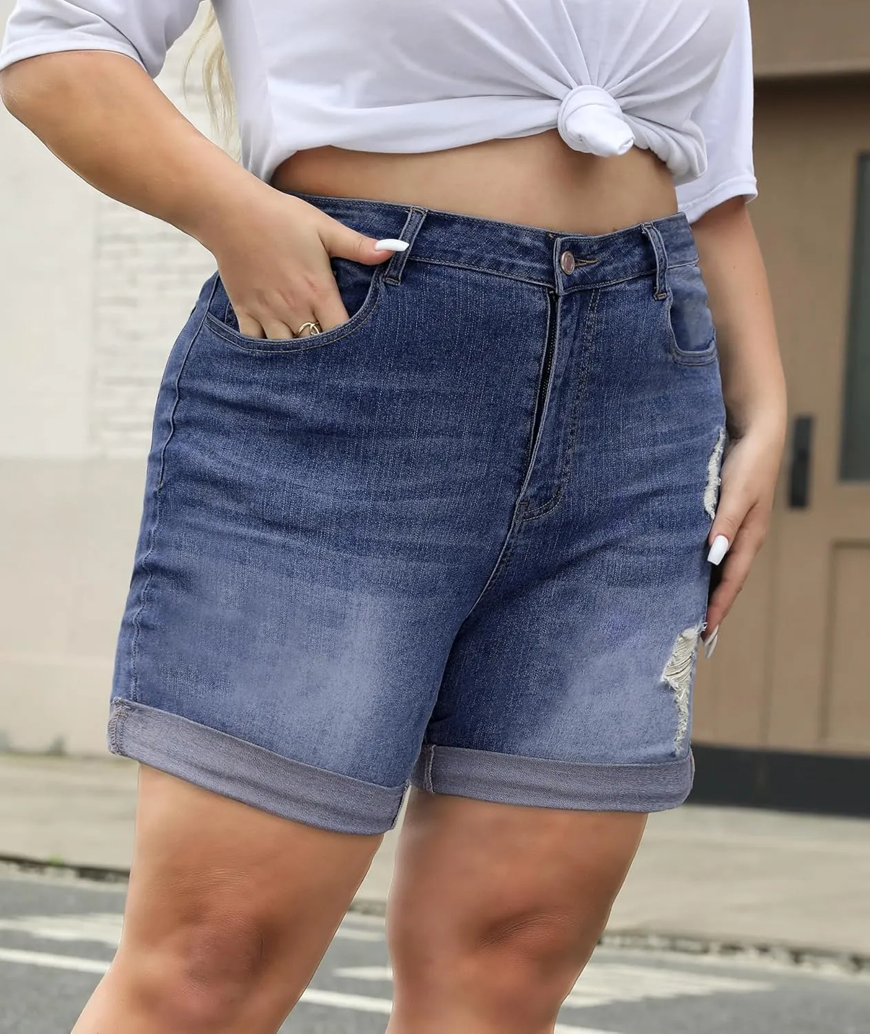 LALAGEN Women Plus Size Jean Shorts Stretchy High Waisted Distressed Ripped Denim Shorts Trendy Summer Casual Jorts