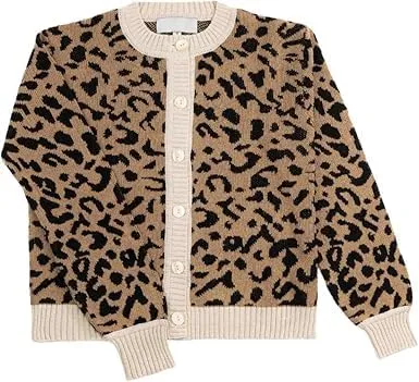 Leopard Print Cardigan Sweaters for Women Cheetah Long Sleeve Crew Neck Knit Top Open Front Button Up Cropped Jacket