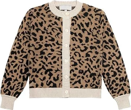 Leopard Print Cardigan Sweaters for Women Cheetah Long Sleeve Crew Neck Knit Top Open Front Button Up Cropped Jacket