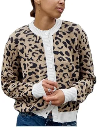 Leopard Print Cardigan Sweaters for Women Cheetah Long Sleeve Crew Neck Knit Top Open Front Button Up Cropped Jacket