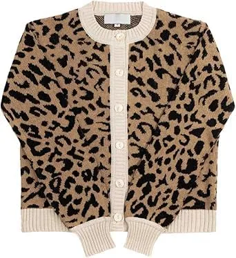 Leopard Print Cardigan Sweaters for Women Cheetah Long Sleeve Crew Neck Knit Top Open Front Button Up Cropped Jacket
