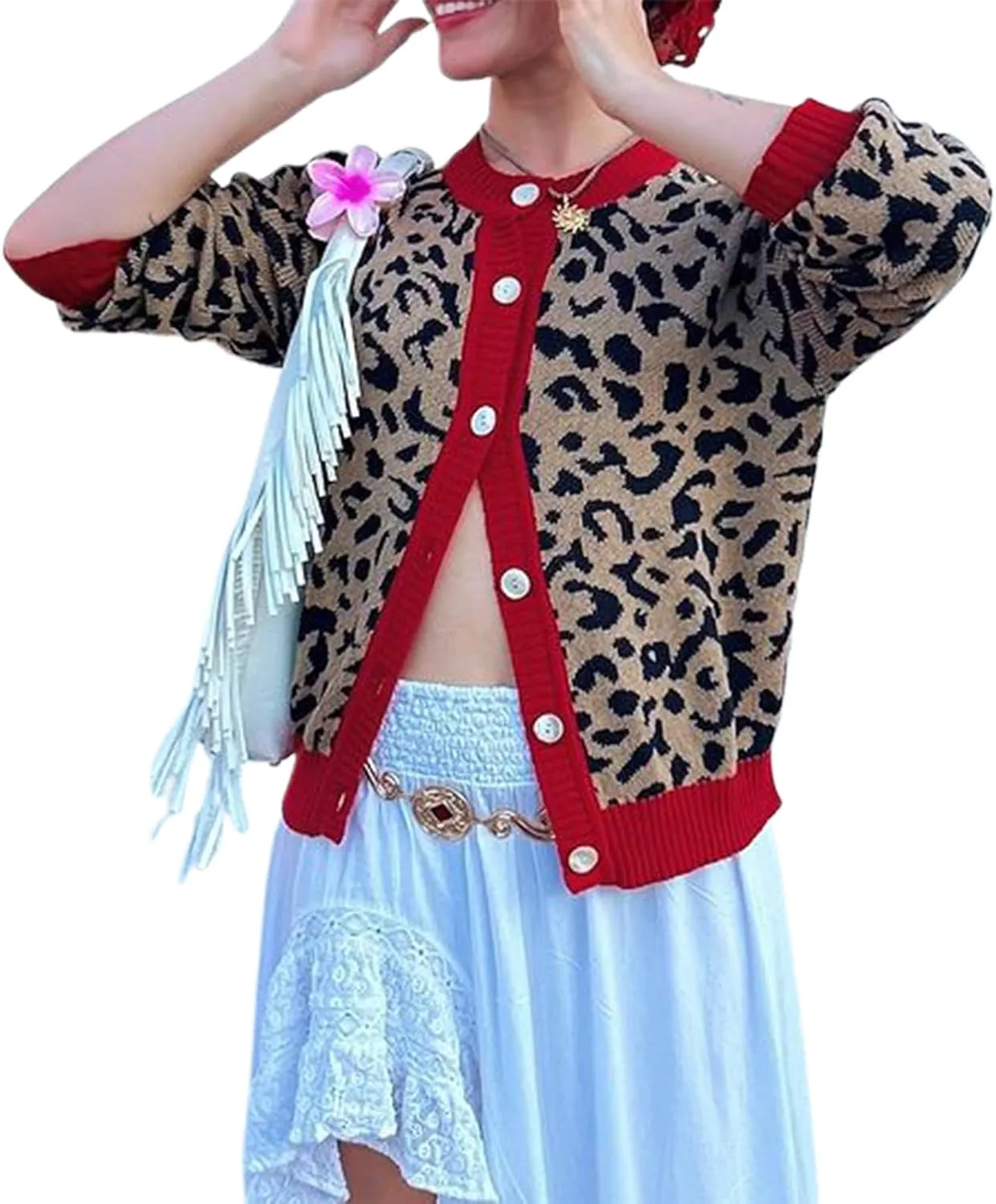 Leopard Print Cardigan Sweaters for Women Cheetah Long Sleeve Crew Neck Knit Top Open Front Button Up Cropped Jacket