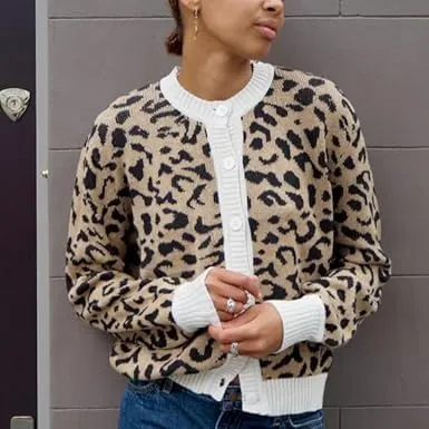 Leopard Print Cardigan Sweaters for Women Cheetah Long Sleeve Crew Neck Knit Top Open Front Button Up Cropped Jacket