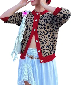 Leopard Print Cardigan Sweaters for Women Cheetah Long Sleeve Crew Neck Knit Top Open Front Button Up Cropped Jacket