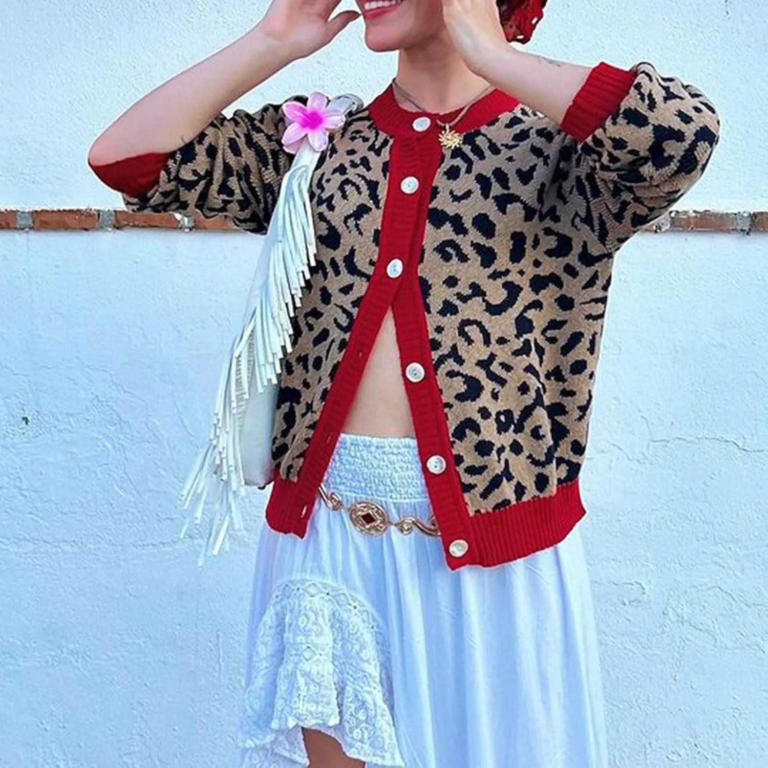 Leopard Print Cardigan Sweaters for Women Cheetah Long Sleeve Crew Neck Knit Top Open Front Button Up Cropped Jacket