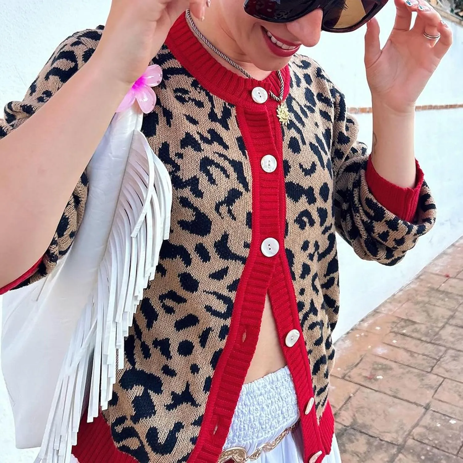 Leopard Print Cardigan Sweaters for Women Cheetah Long Sleeve Crew Neck Knit Top Open Front Button Up Cropped Jacket