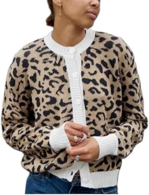 Leopard Print Cardigan Sweaters for Women Cheetah Long Sleeve Crew Neck Knit Top Open Front Button Up Cropped Jacket