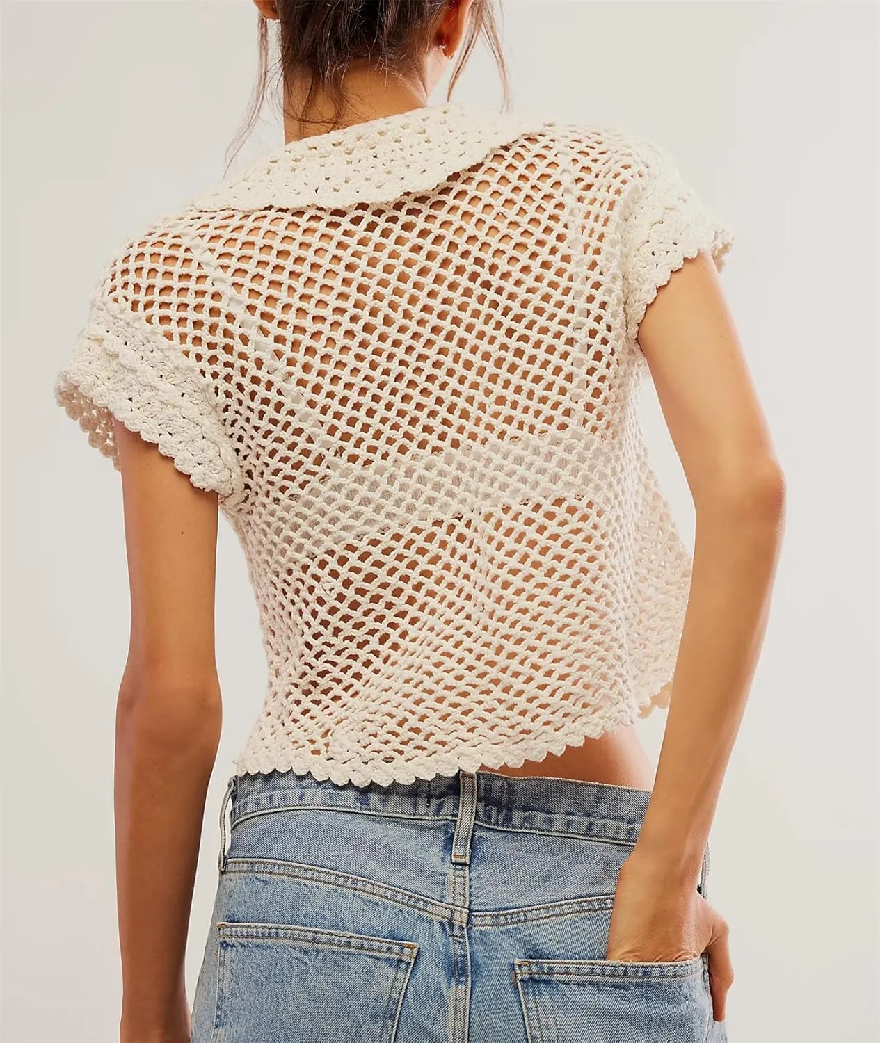LifeShe Hollow Out Cropped Crochet Tops for Women Summer Short Sleeve Open Knit Sweaters Button Down Vest