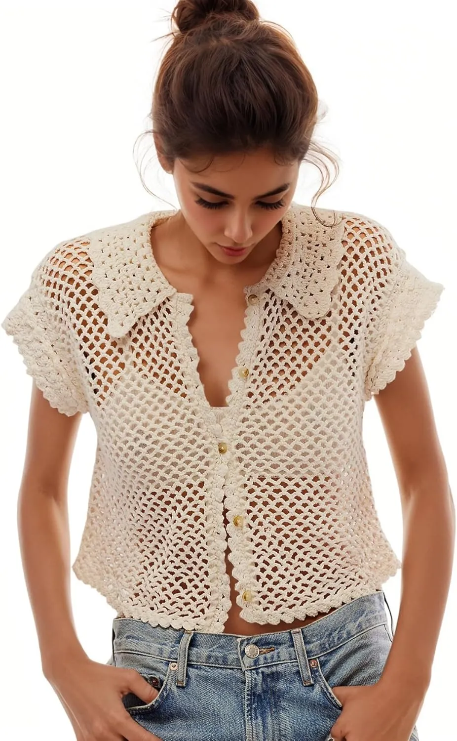 LifeShe Hollow Out Cropped Crochet Tops for Women Summer Short Sleeve Open Knit Sweaters Button Down Vest