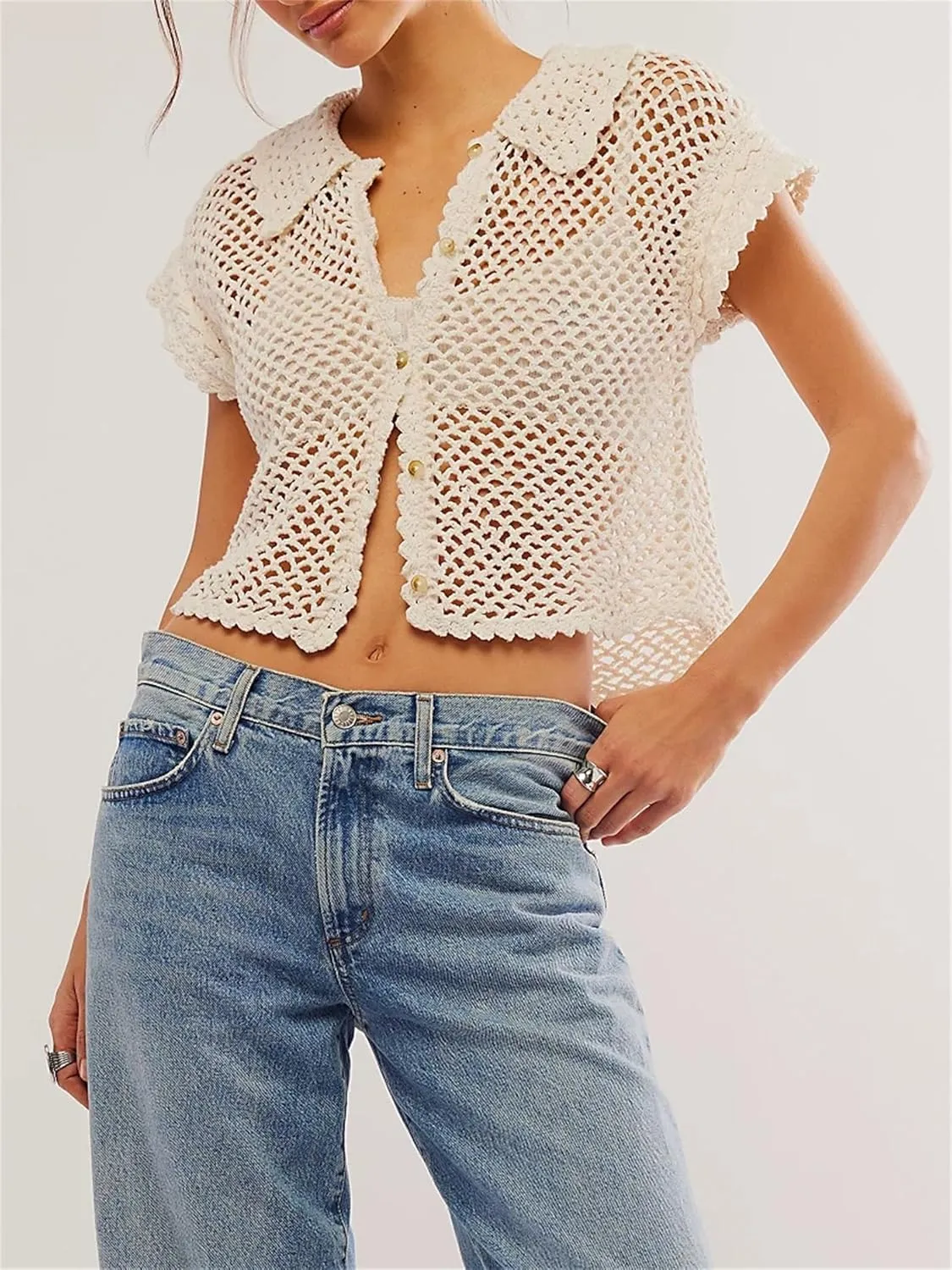 LifeShe Hollow Out Cropped Crochet Tops for Women Summer Short Sleeve Open Knit Sweaters Button Down Vest