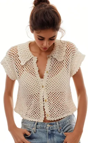 LifeShe Hollow Out Cropped Crochet Tops for Women Summer Short Sleeve Open Knit Sweaters Button Down Vest