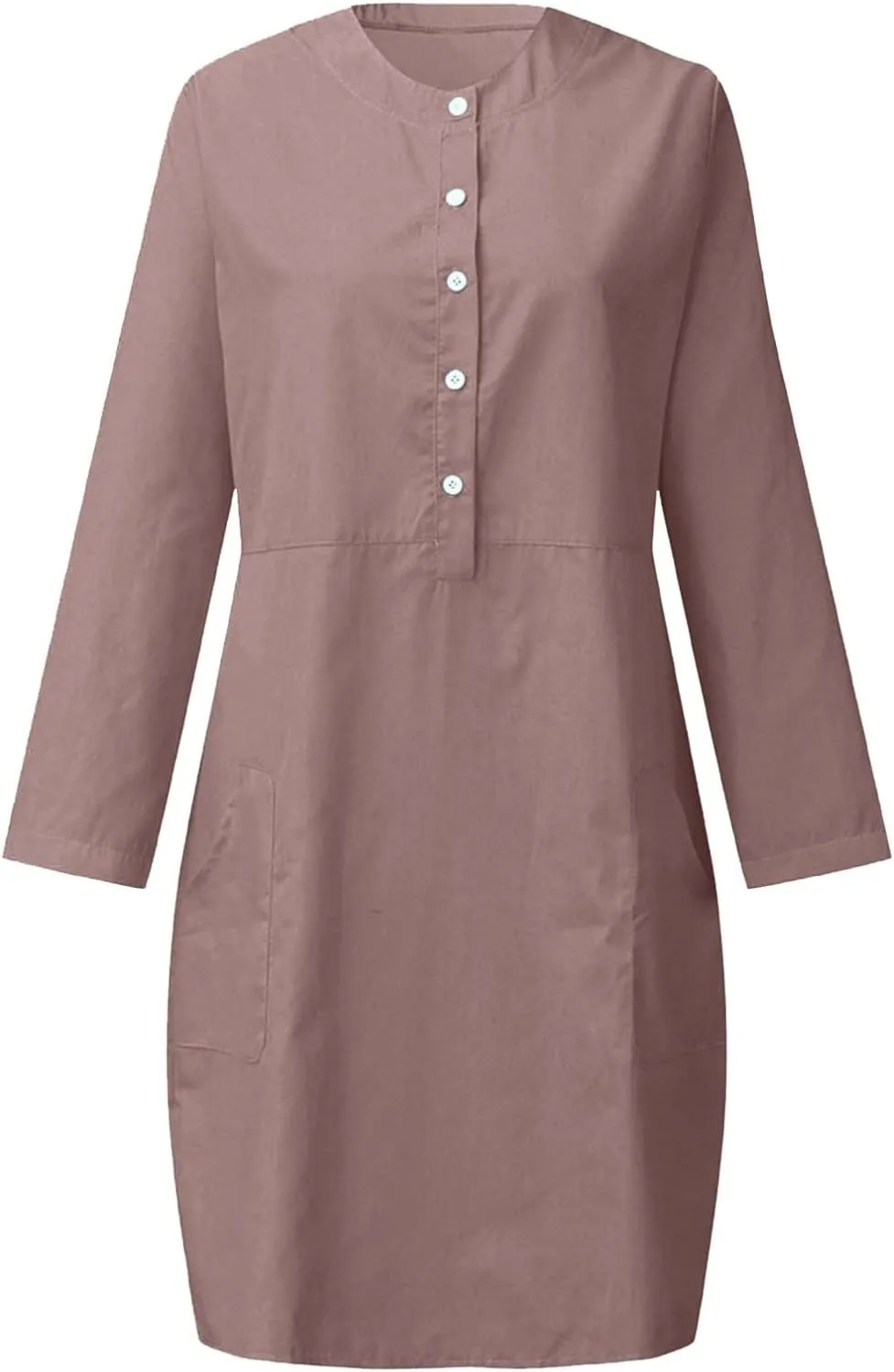 Linen Cotton Dress for Women 2025 Button Shirt Dress Long Sleeve Round Neck Dressy Casual Mini Dresses with Pockets