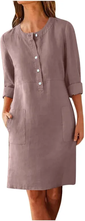 Linen Cotton Dress for Women 2025 Button Shirt Dress Long Sleeve Round Neck Dressy Casual Mini Dresses with Pockets