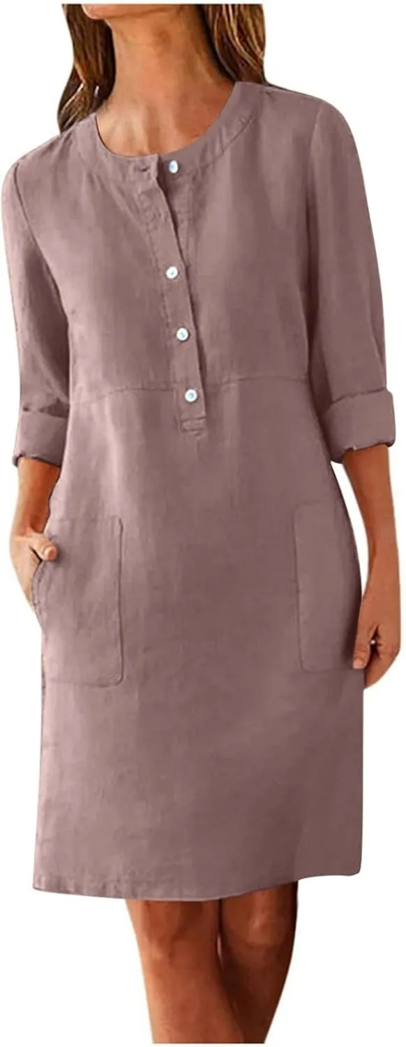 Linen Cotton Dress for Women 2025 Button Shirt Dress Long Sleeve Round Neck Dressy Casual Mini Dresses with Pockets