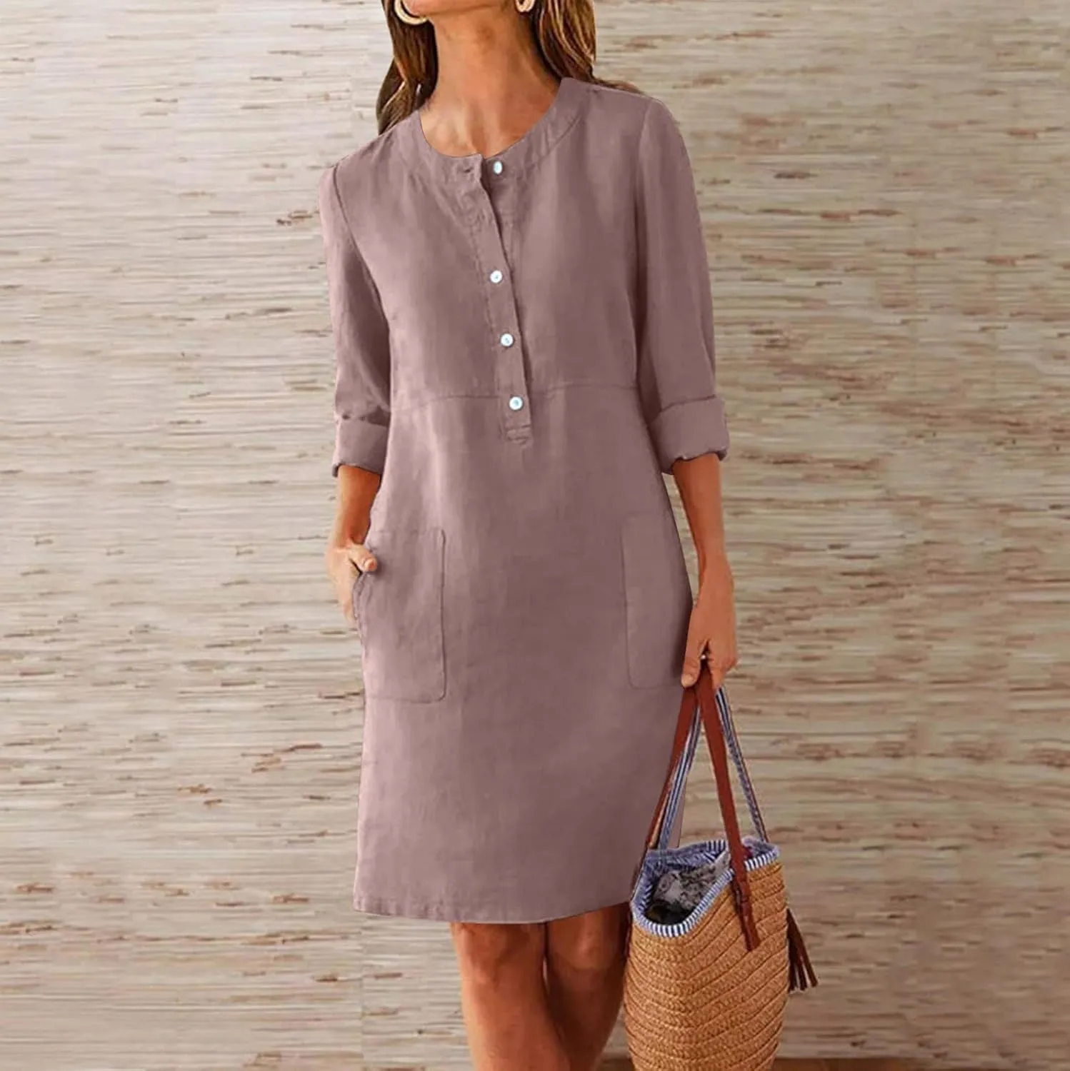 Linen Cotton Dress for Women 2025 Button Shirt Dress Long Sleeve Round Neck Dressy Casual Mini Dresses with Pockets
