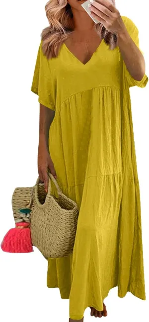 Linen Dresses for Women 2025 Short Sleeve Plus Size Boho Maxi Dresses Flowy V Neck Long Beach Dress Vacation Outfits