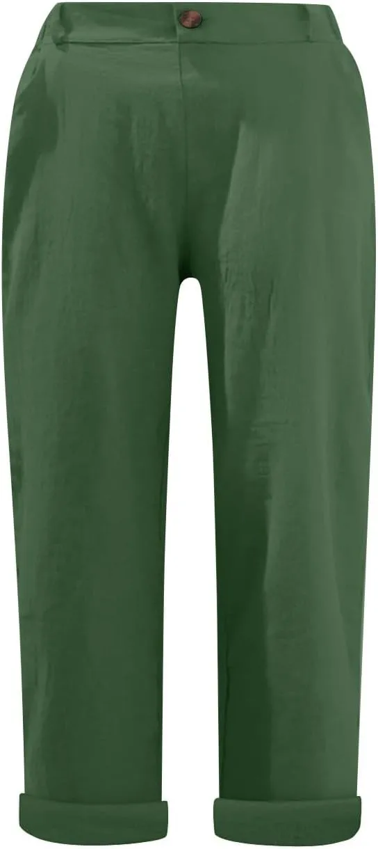 Linen Pants for Women 2025 Casual Elastic Waist Cropped Trouser Fashion Resort Wear Beach Vacation Capris Clothes