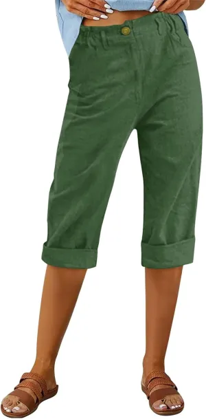Linen Pants for Women 2025 Casual Elastic Waist Cropped Trouser Fashion Resort Wear Beach Vacation Capris Clothes
