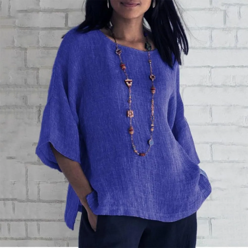 Linen Shirts for Women Plus Size 3/4 Length Sleeve Tops Casual Loose Fit Round Neck Tees 2024 Summer Fashion Blouse