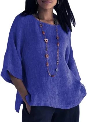 Linen Shirts for Women Plus Size 3/4 Length Sleeve Tops Casual Loose Fit Round Neck Tees 2024 Summer Fashion Blouse