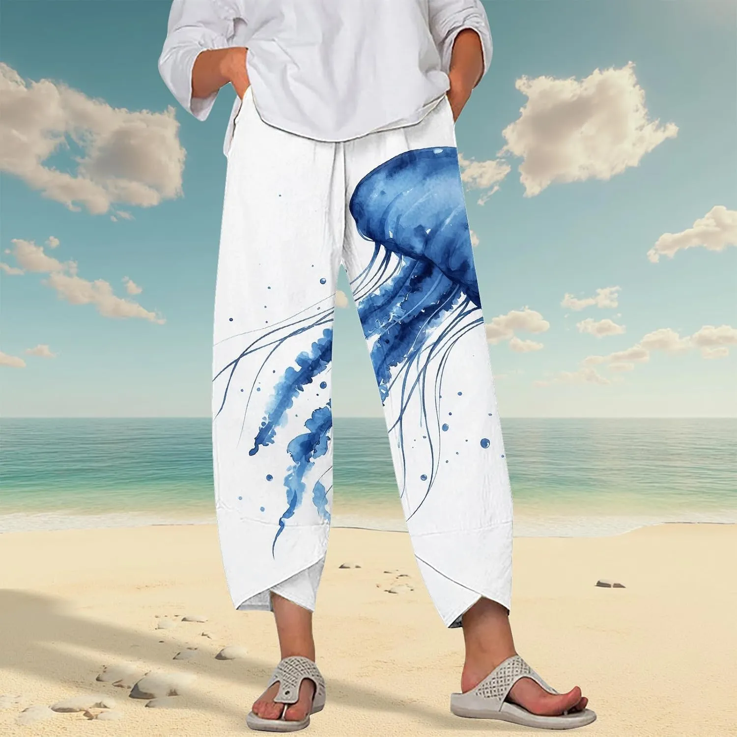 LOAIHA Japanese Pants Cotton Pants Women Wide Leg Elastic Waist Capri Pants Casual Y2k Pants Cropped Trousers with Pockets