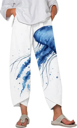 LOAIHA Japanese Pants Cotton Pants Women Wide Leg Elastic Waist Capri Pants Casual Y2k Pants Cropped Trousers with Pockets