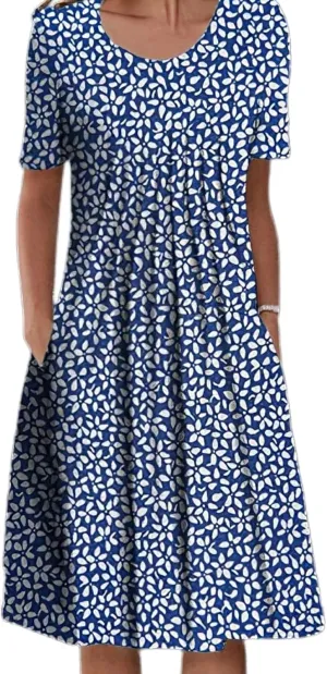 LOAIHA Women's Boho Dress Floral Print Short Sleeve T Shirt Dress 2024 Summer Casual Loose Swing Midi Dresses with Pockets