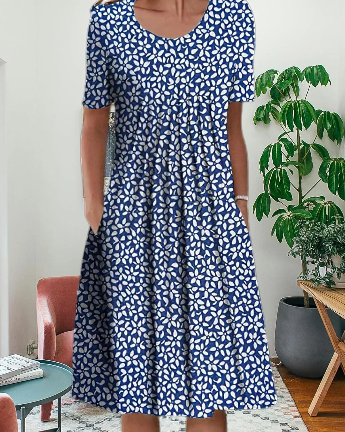 LOAIHA Women's Boho Dress Floral Print Short Sleeve T Shirt Dress 2024 Summer Casual Loose Swing Midi Dresses with Pockets