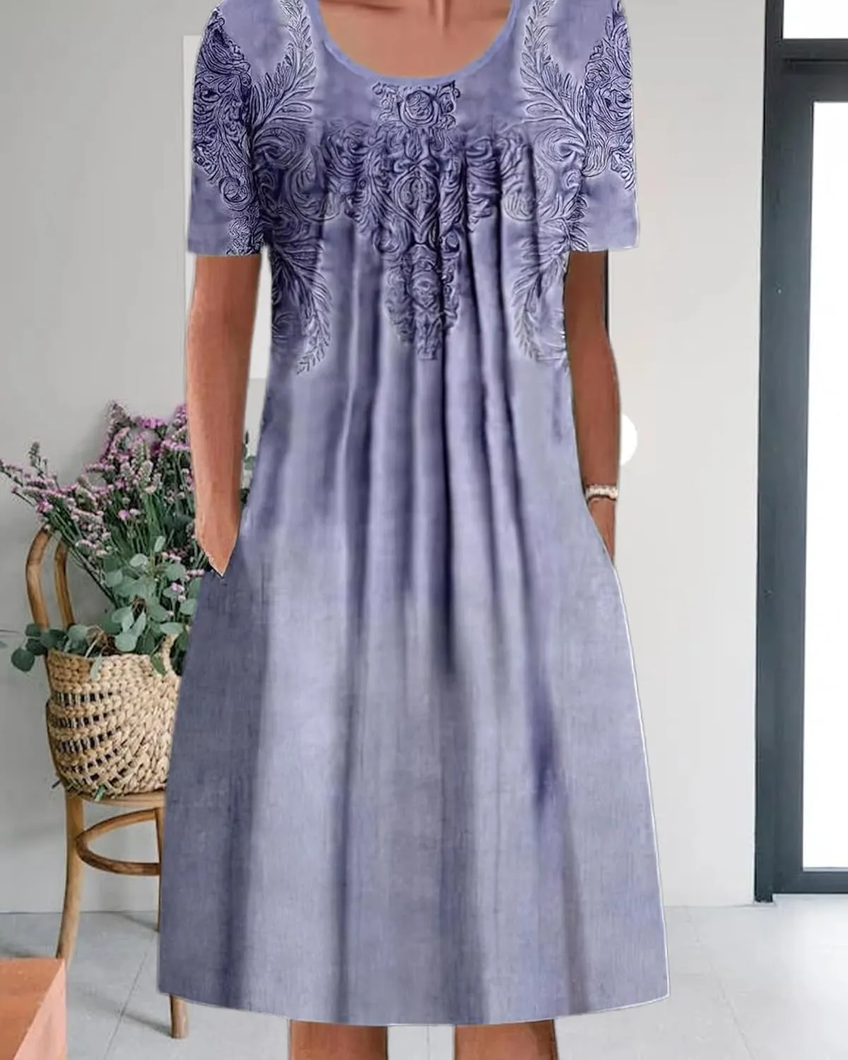 LOAIHA Women's Boho Dress Floral Print Short Sleeve T Shirt Dress 2024 Summer Casual Loose Swing Midi Dresses with Pockets
