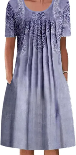LOAIHA Women's Boho Dress Floral Print Short Sleeve T Shirt Dress 2024 Summer Casual Loose Swing Midi Dresses with Pockets