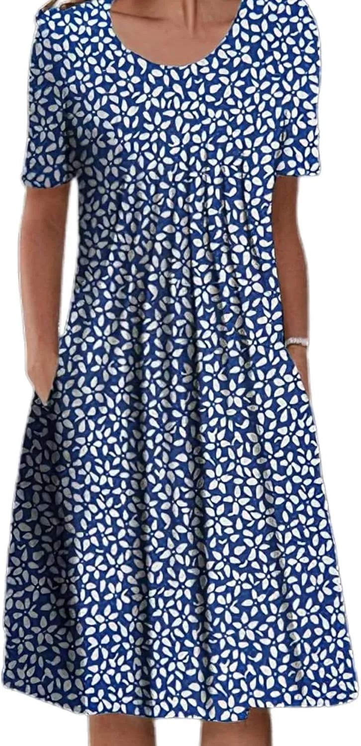 LOAIHA Women's Boho Dress Floral Print Short Sleeve T Shirt Dress 2024 Summer Casual Loose Swing Midi Dresses with Pockets