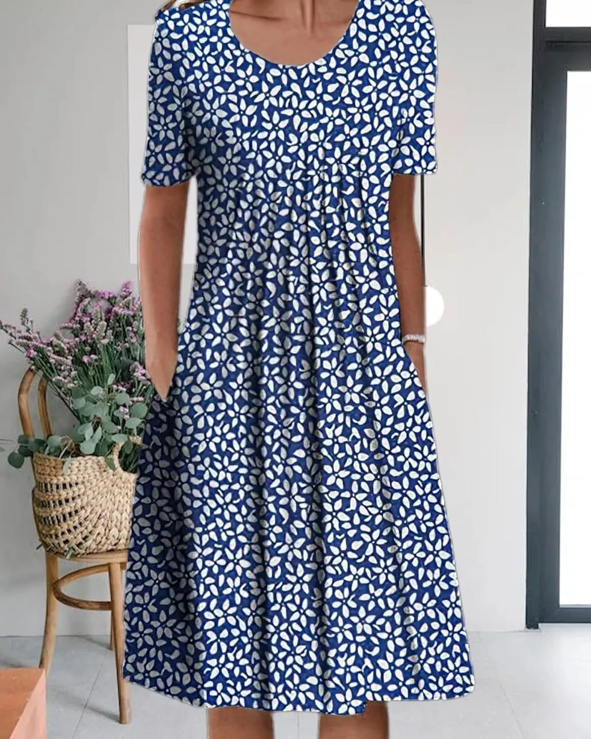 LOAIHA Women's Boho Dress Floral Print Short Sleeve T Shirt Dress 2024 Summer Casual Loose Swing Midi Dresses with Pockets