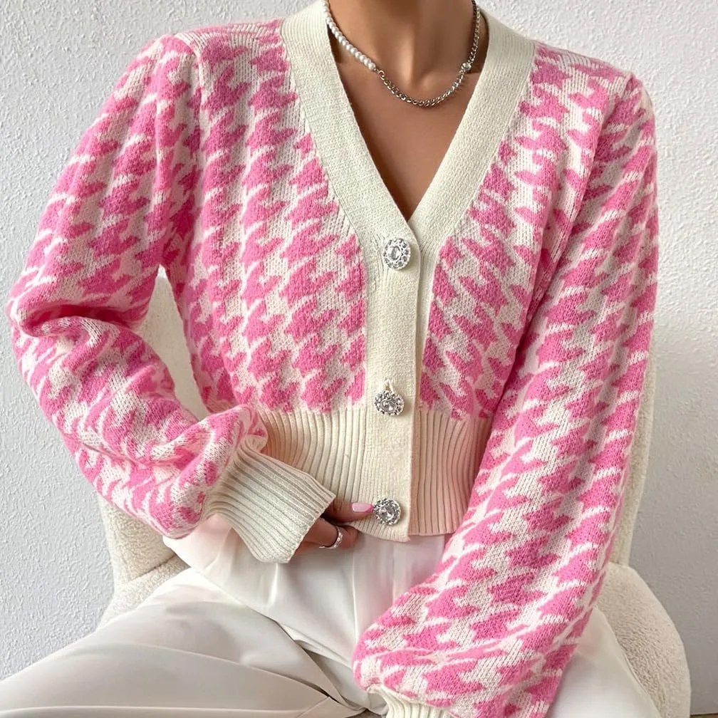 LOFAAC Women Oversized Houndstooth Button Down Cropped Cardigan Elegant Long Sleeve V Neck Chunky Knit Sweater Outerwear