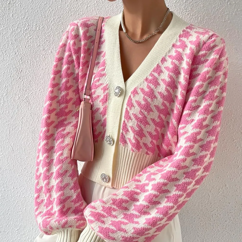 LOFAAC Women Oversized Houndstooth Button Down Cropped Cardigan Elegant Long Sleeve V Neck Chunky Knit Sweater Outerwear