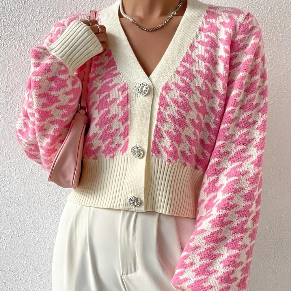 LOFAAC Women Oversized Houndstooth Button Down Cropped Cardigan Elegant Long Sleeve V Neck Chunky Knit Sweater Outerwear