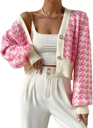 LOFAAC Women Oversized Houndstooth Button Down Cropped Cardigan Elegant Long Sleeve V Neck Chunky Knit Sweater Outerwear