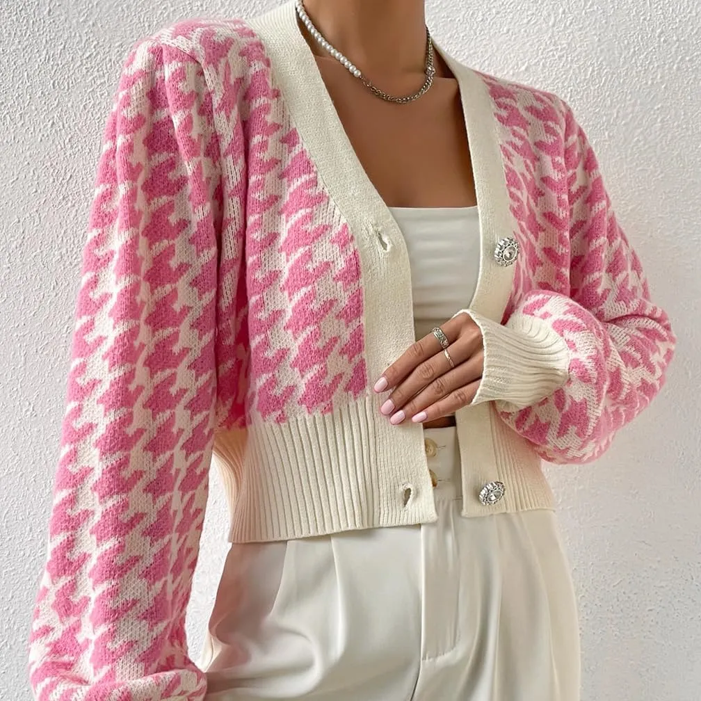 LOFAAC Women Oversized Houndstooth Button Down Cropped Cardigan Elegant Long Sleeve V Neck Chunky Knit Sweater Outerwear