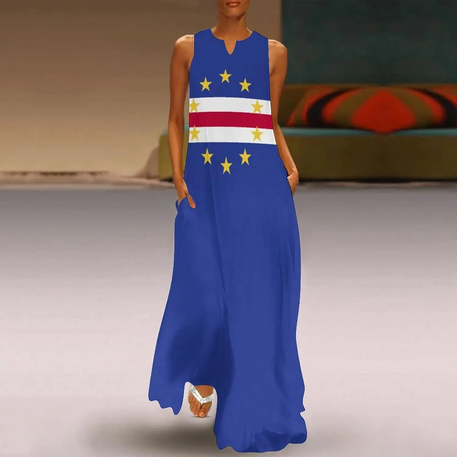 Long Dress Dress for Womens Summer Top Cape Verde Flag Casual V Neck Shift Dress L