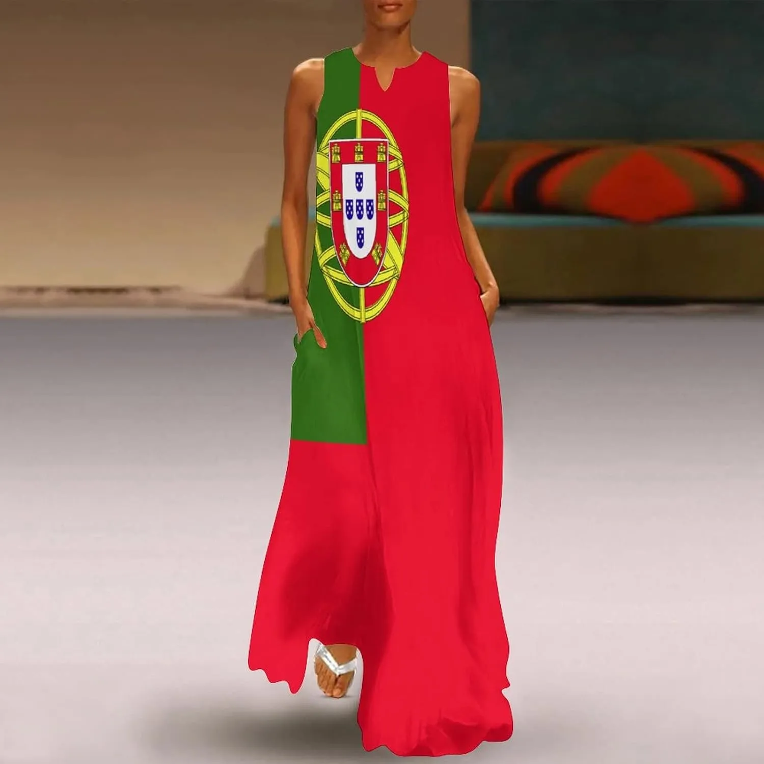 Long Dress Dress for Womens Summer Top Portugal Flag Casual V Neck Shift Dress 2XL