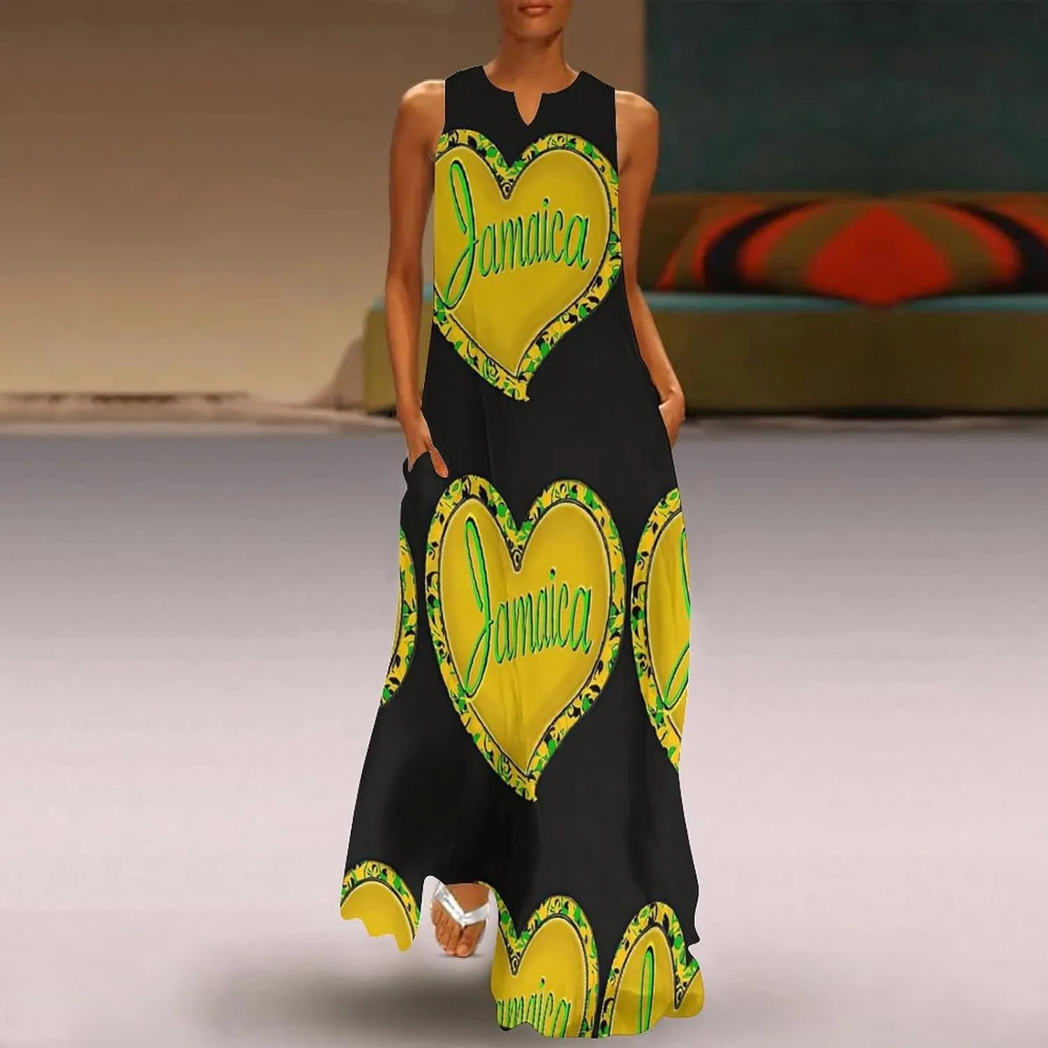 Long Dress Skirts for Womens Summer Top Jamaica Flag Casual V Neck Shift Dress S
