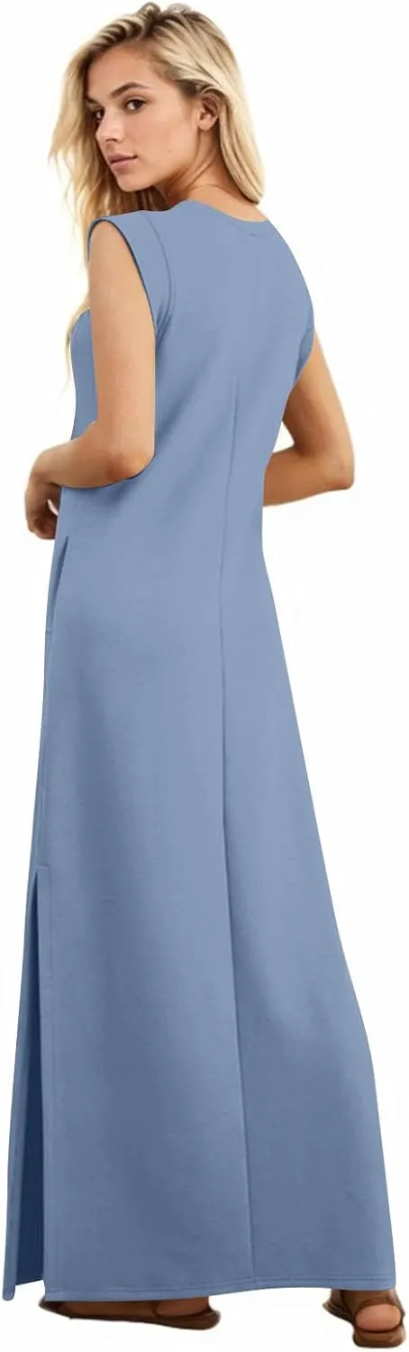Long Maxi Dresses for Women Summer Casual Dress Crewneck Sleeveless Sundress Loose Fit Split Beach Dress with Pocket
