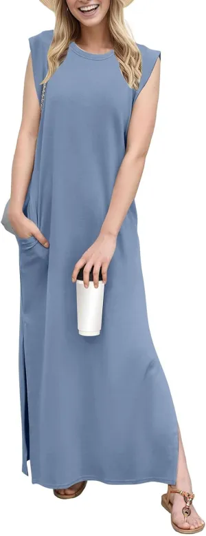Long Maxi Dresses for Women Summer Casual Dress Crewneck Sleeveless Sundress Loose Fit Split Beach Dress with Pocket